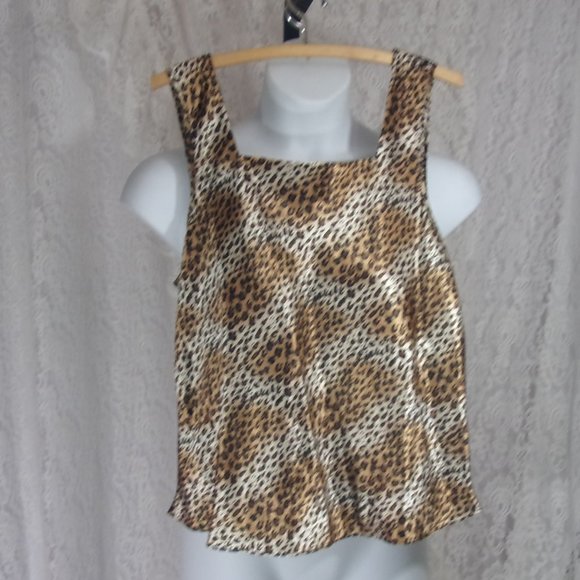 Satin Shell Tank Top Leopard Design Gold Brown Black Square Neck NWOT - Picture 1 of 2
